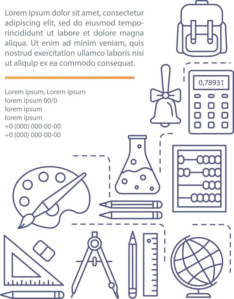 schoolbenodigdheden artikel pagina vector sjabloon. kantoorbenodigdheden en apparatuur. brochure, tijdschrift, boekje ontwerpelement met lineaire pictogrammen en tekstvakken. print ontwerp. conceptillustraties met tekstruimte