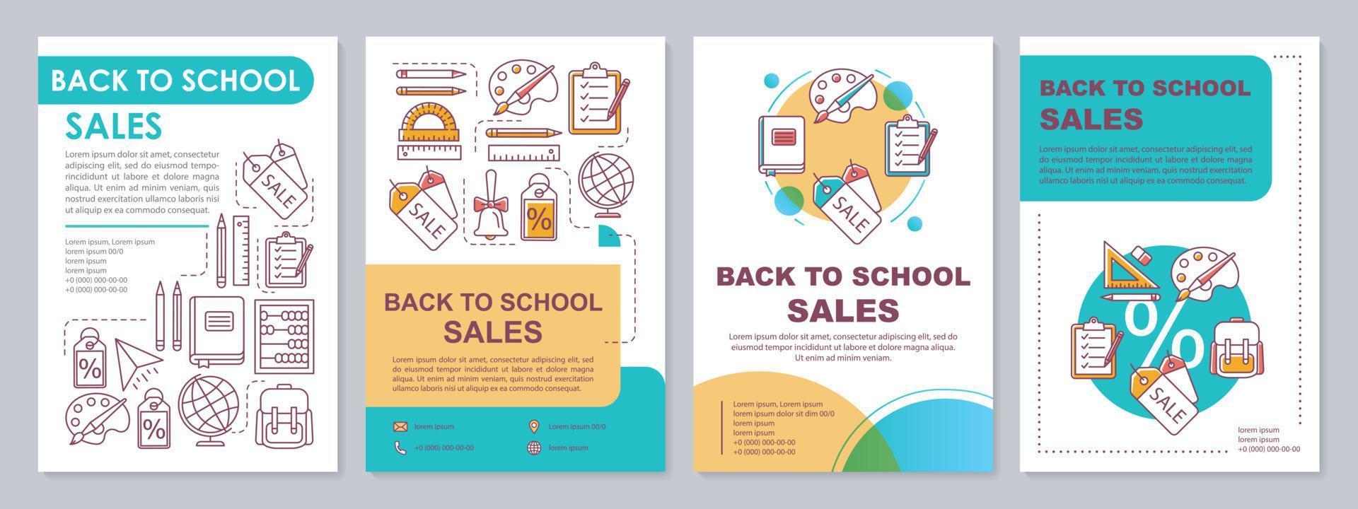 schoolbenodigdheden kortingen brochure sjabloon lay-out. verkoop aanbiedingen. flyer, boekje, folder printontwerp met lineaire illustraties. vectorpaginalay-outs voor tijdschriften, jaarverslagen, reclameposters vector