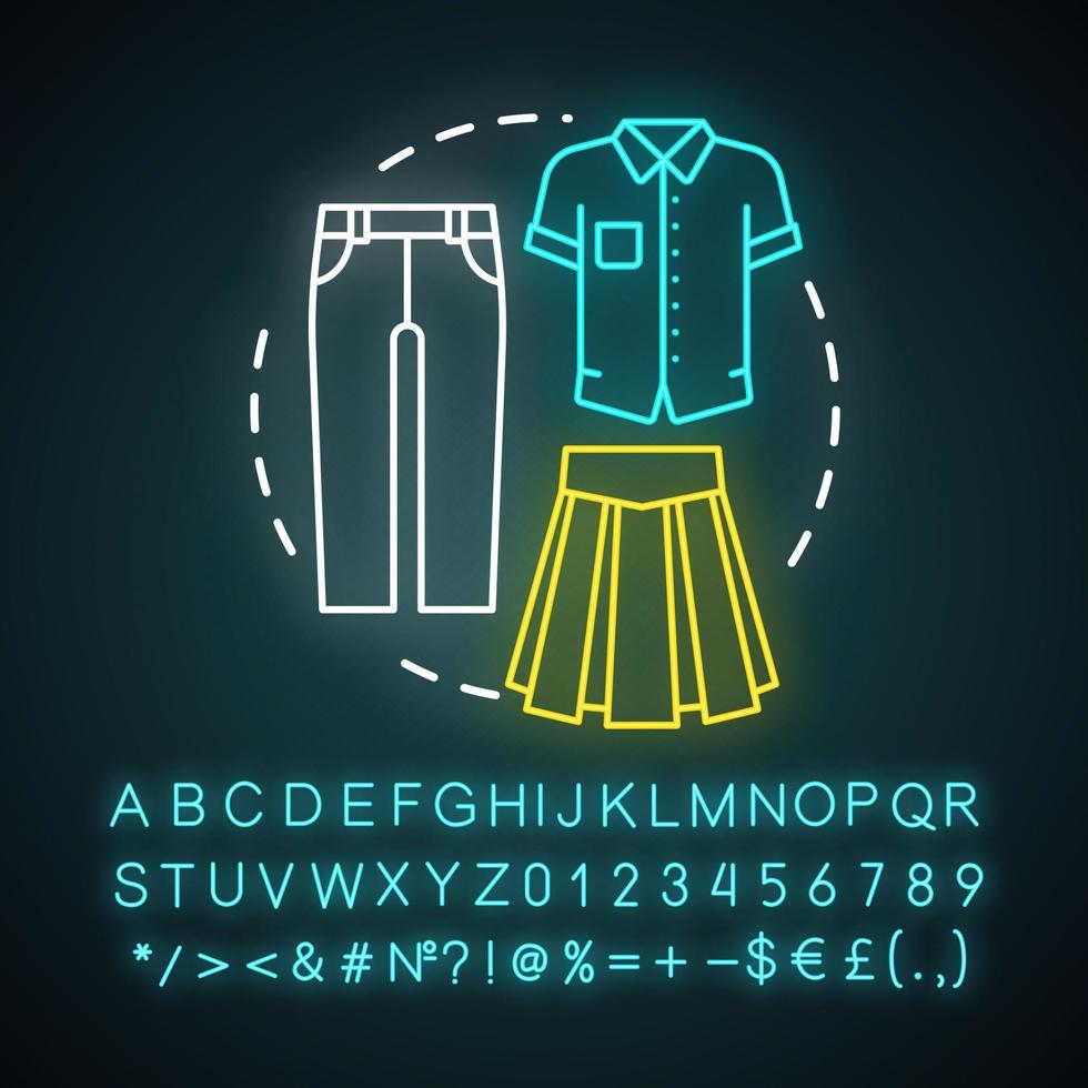 schoolkleren, uniform neonlichtconcept icoon. mode-idee voor basisschoolleerlingen. gloeiend bord met alfabet, cijfers en symbolen. t-shirt, broek en lange rok vector geïsoleerde illustratie