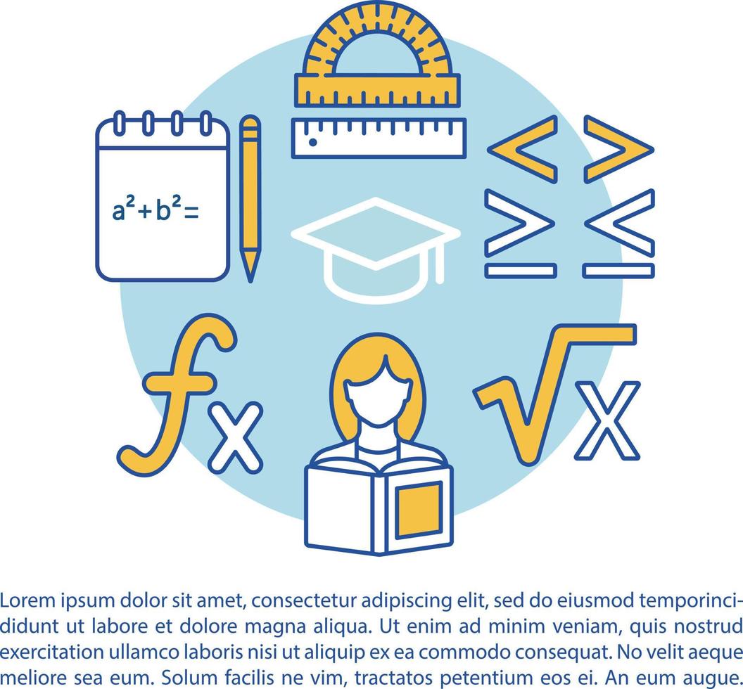 cursussen, lessen in algebra-artikelpaginavectorsjabloon. brochure, tijdschrift, boekje ontwerpelement met lineaire pictogrammen en tekstvakken. print ontwerp. conceptillustraties met tekstruimte vector