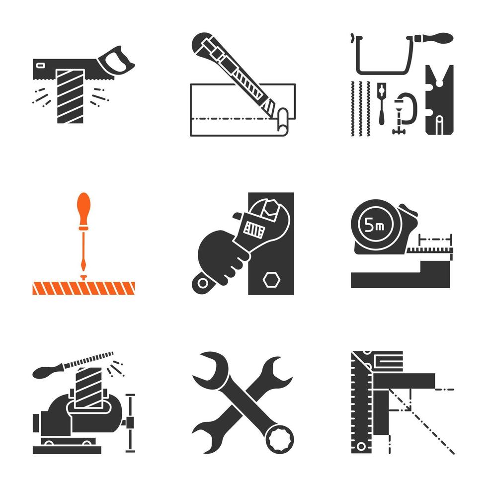 bouw tools glyph pictogrammen instellen. silhouet symbolen. penzaag, briefpapiermes, juwelierzaagset, schroevendraaier, moersleutel, meter, bankschroef, kruissleutels, set vierkant. vector geïsoleerde illustratie