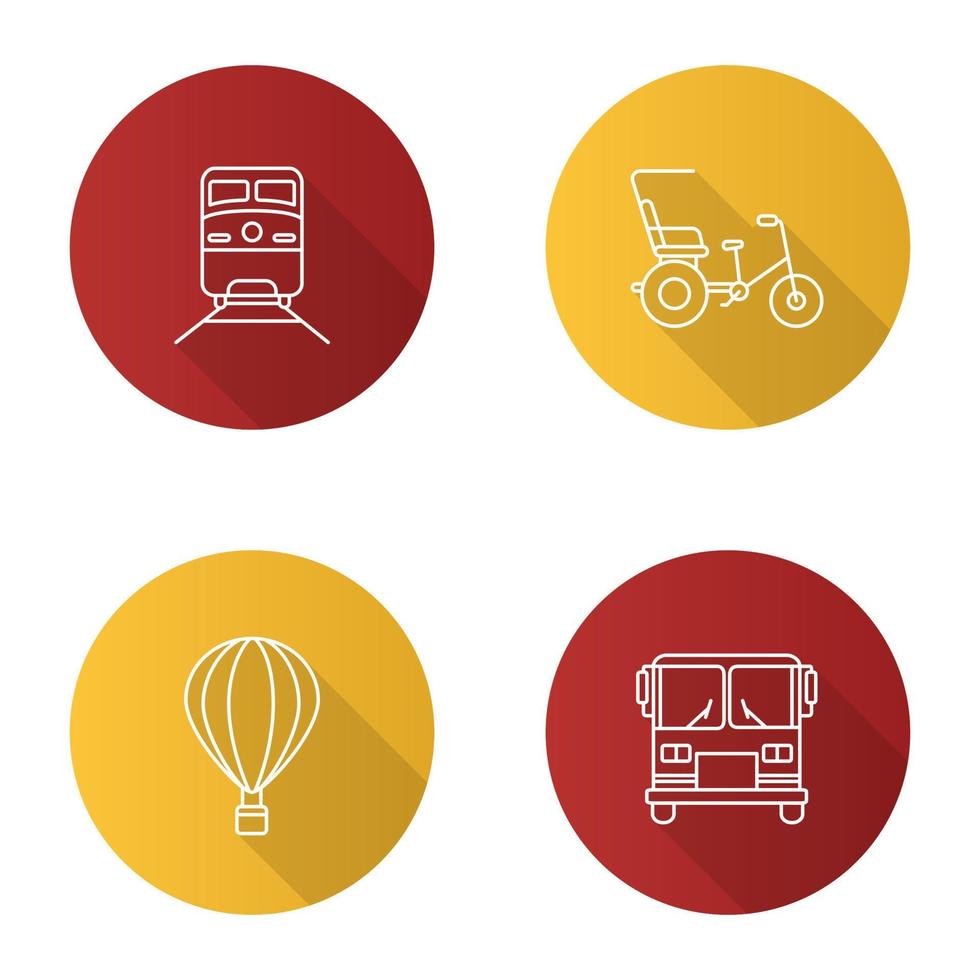 openbaar vervoer vlakke lineaire lange schaduw iconen set. soorten transport. trein, fietsriksja, heteluchtballon, bus. vector overzicht illustratie