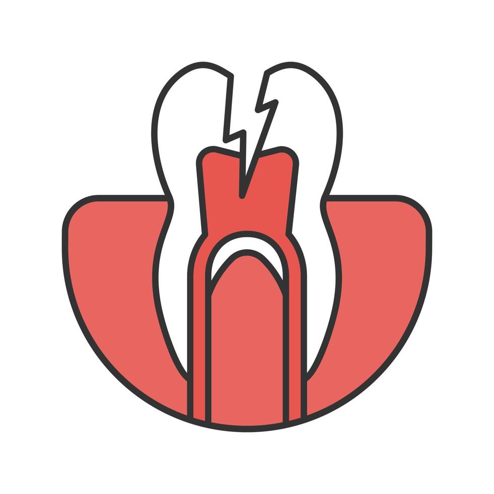 kiespijn kleur pictogram. vernietigde tand. tand met bliksem. geïsoleerde vectorillustratie vector