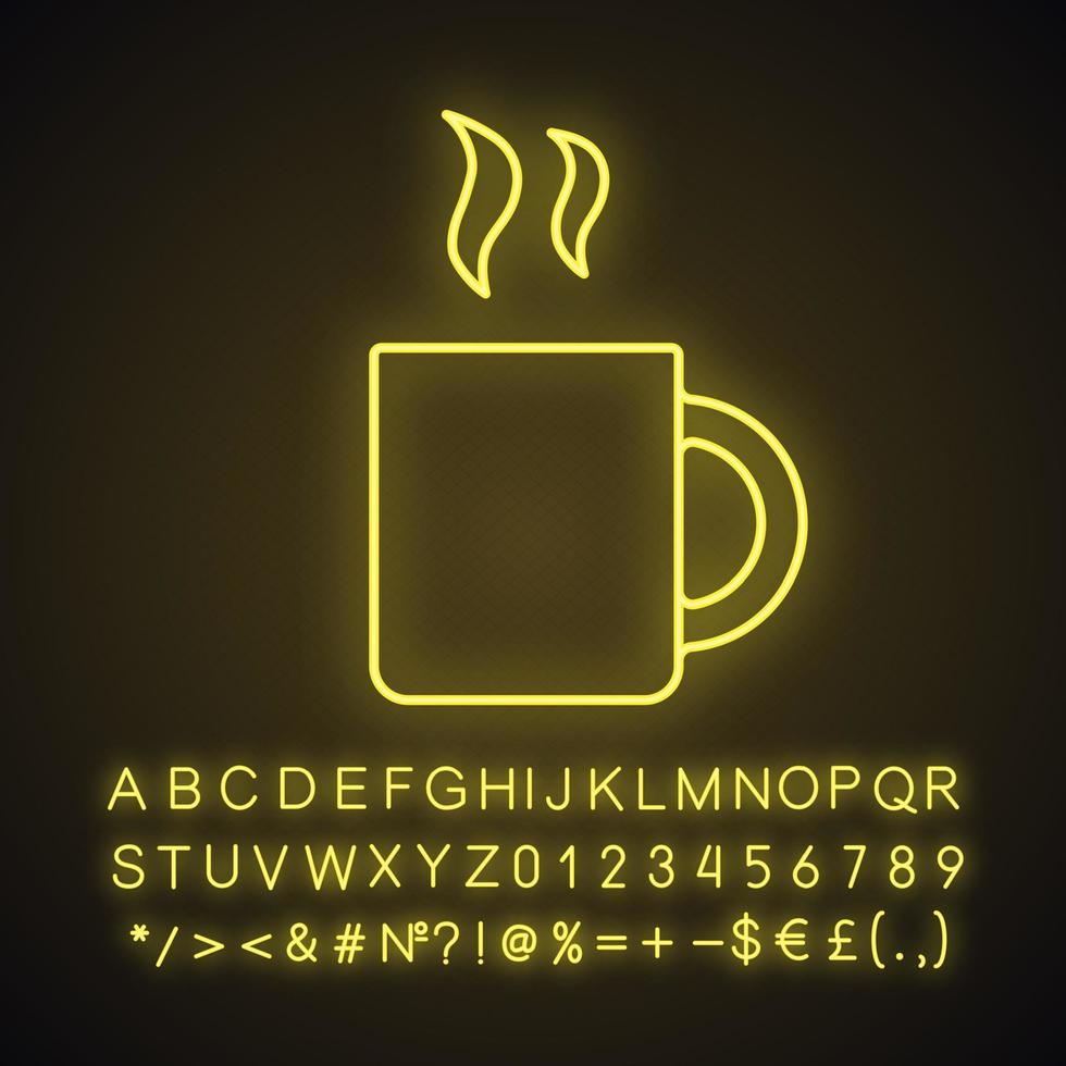 beker met neonlichtpictogram voor warme dranken. koffie, thee, cacao. gloeiend bord met alfabet, cijfers en symbolen. vector geïsoleerde illustratie
