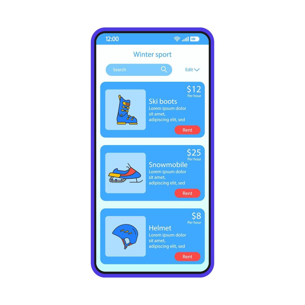 wintersportuitrusting smartphone interface vector sjabloon. mobiele winkel app pagina blauwe ontwerp lay-out. skiuitrusting, aanvraagscherm voor transportverhuur. platte ui. online outfitwinkel op telefoondisplay