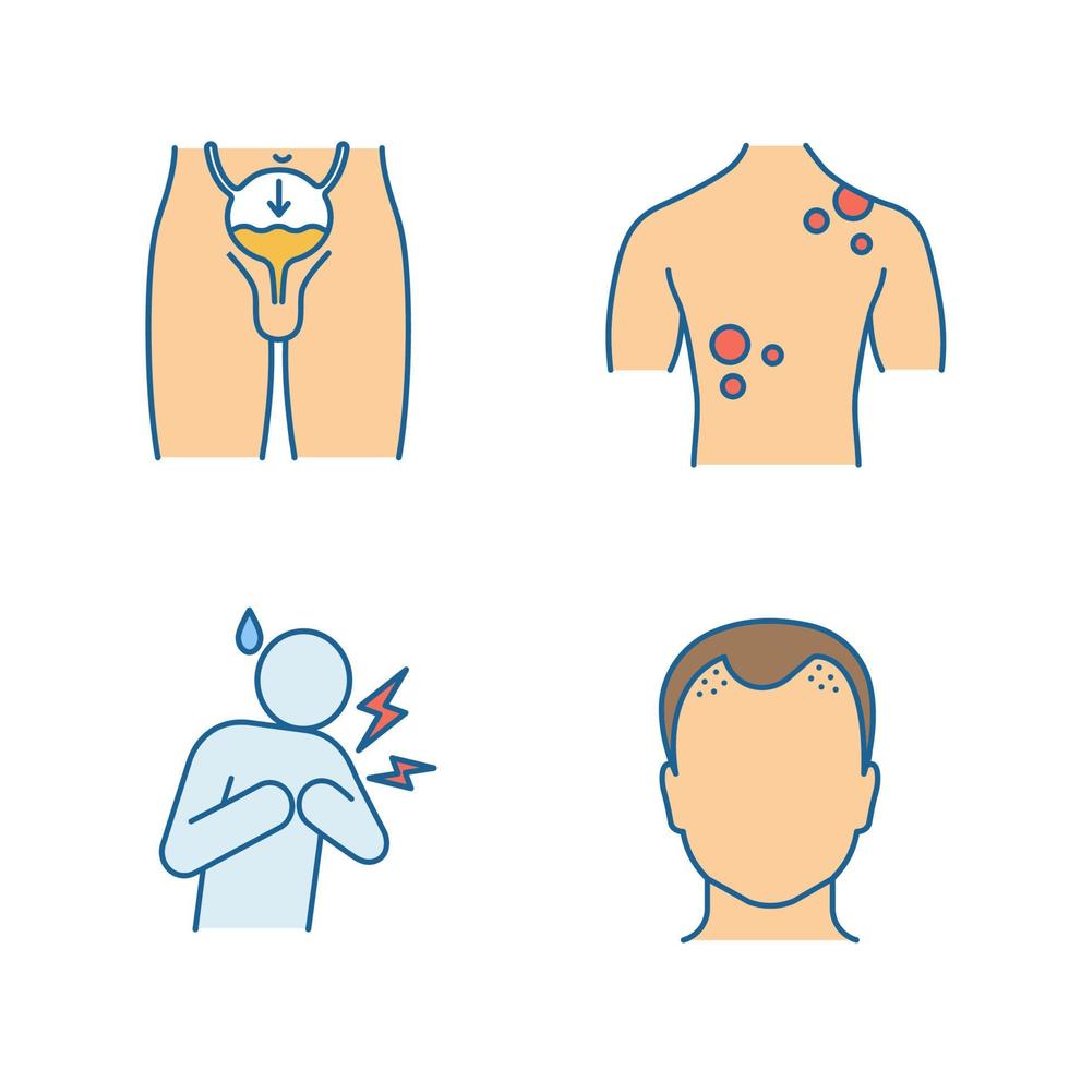 mannen gezondheid kleur pictogrammen instellen. urine-incontinentie, huidkanker, hartaanval, haaruitval. hartinfarct, onvrijwillig urineren. geïsoleerde vectorillustraties vector