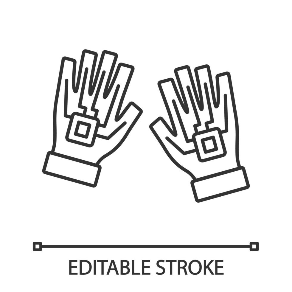 vr handschoenen lineaire pictogram. dunne lijn illustratie. haptische, draadgebonden handschoenen. datahandschoenen, cyberhandschoenen. contour symbool. vector geïsoleerde overzichtstekening. bewerkbare streek