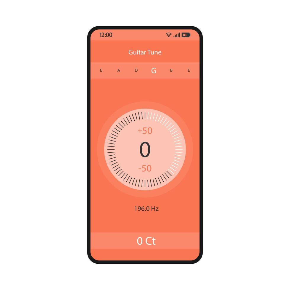 gitaar tuner smartphone interface vector sjabloon. mobiele muzikale app-pagina koraal ontwerp lay-out. toepassingsscherm voor het afstemmen van snaarinstrumenten. platte ui. geluidscontrole, instelling op telefoondisplay