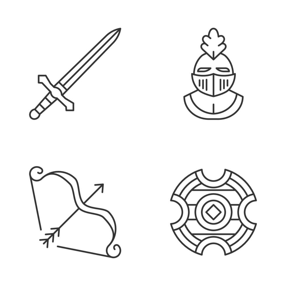 middeleeuwse lineaire pictogrammen instellen. metalen zwaard, ridderhelm, strijdschild, pijl en boog. .. dunne lijncontoursymbolen. geïsoleerde vectoroverzichtsillustraties. bewerkbare.. vector