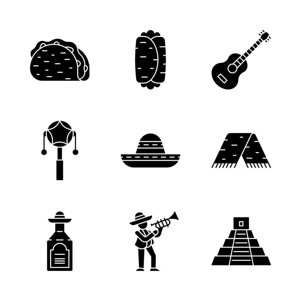 Mexicaanse glyph pictogrammen instellen. cinco de mayo-festival. traditioneel eten, drinken, muziek, kleding, attracties. silhouet symbolen. vector geïsoleerde illustratie