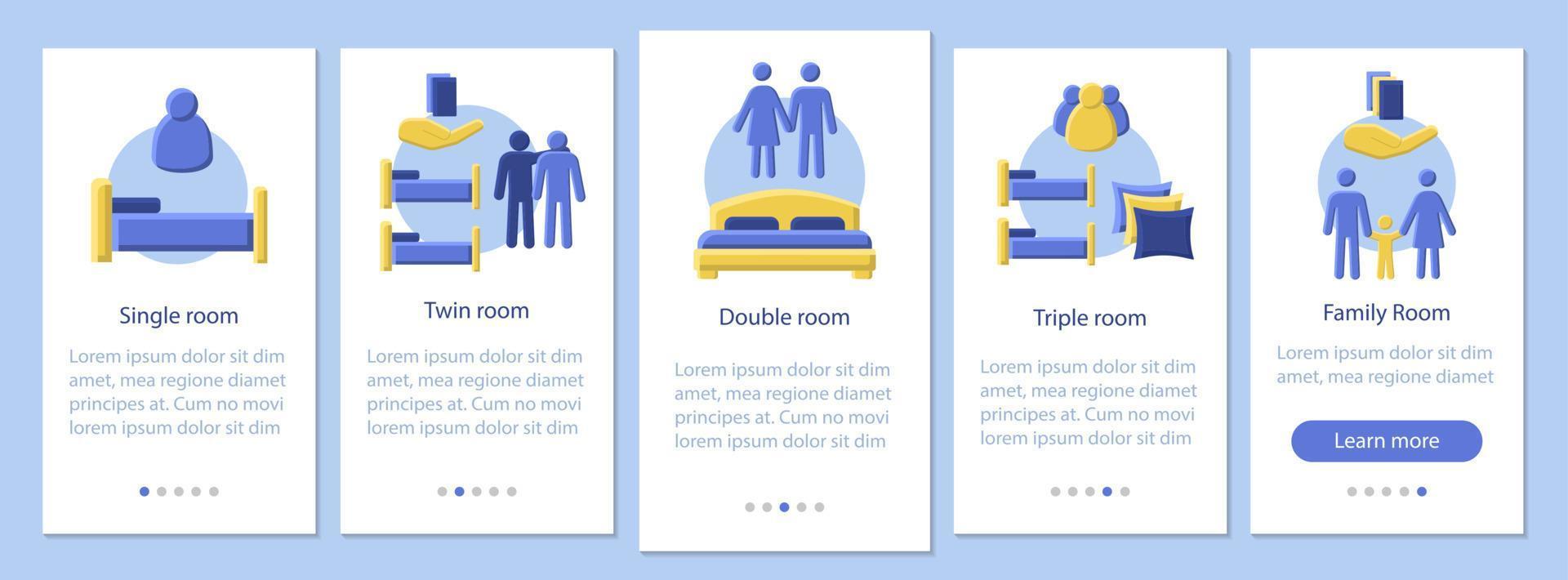 kamertypes onboarding mobiele app paginascherm vectorsjabloon. appartement boeken. enkele, dubbele, dubbele hotelkamer. platte ontwerp website instructies. ux, ui, gui smartphone interface cartoon concept vector