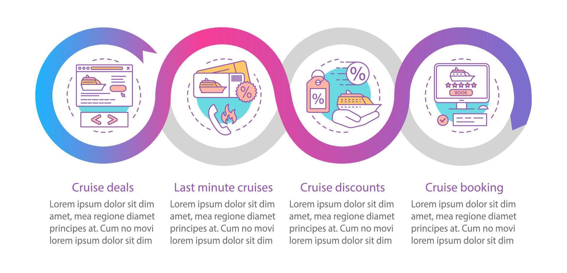 cruise vector infographic sjabloon. cruise aanbiedingen, kortingen, boeking. zakelijke presentatie ontwerpelementen. datavisualisatie met stappen en opties. proces tijdlijn grafiek. workflow-indeling