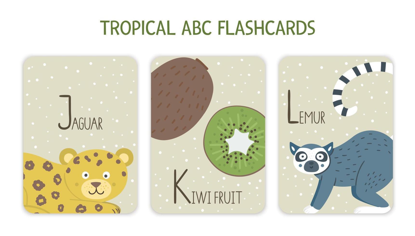 kleurrijke Alfabetletters j, k, l. phonics flashcard met tropische dieren, vogels, fruit, planten. schattige educatieve jungle-abc-kaarten voor het leren lezen met grappige jaguar, kiwi's, maki. vector