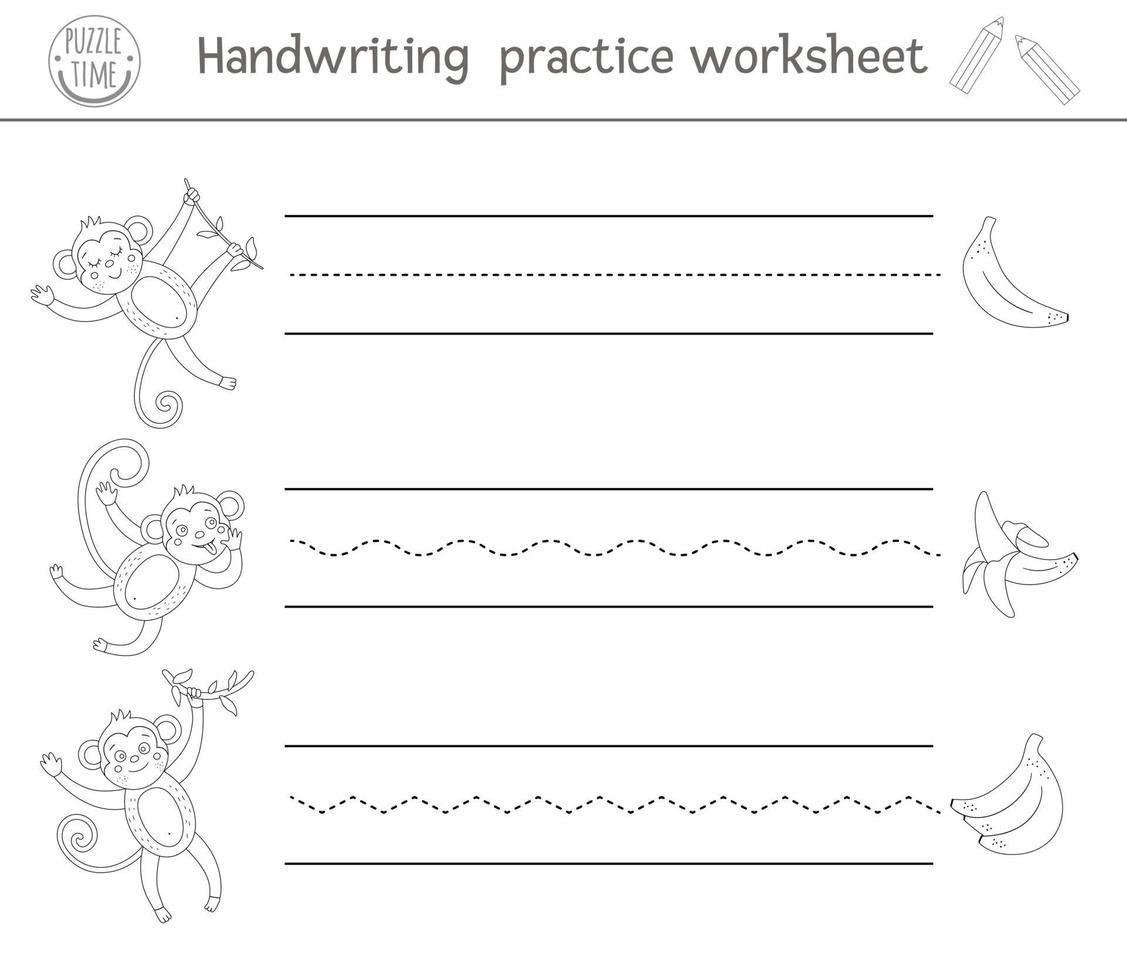 vector handschrift praktijk werkblad. afdrukbare zwart-wit activiteit voor kleuters. educatief spel voor de ontwikkeling van schrijfvaardigheid. tropische kleurplaat voor kinderen met apen