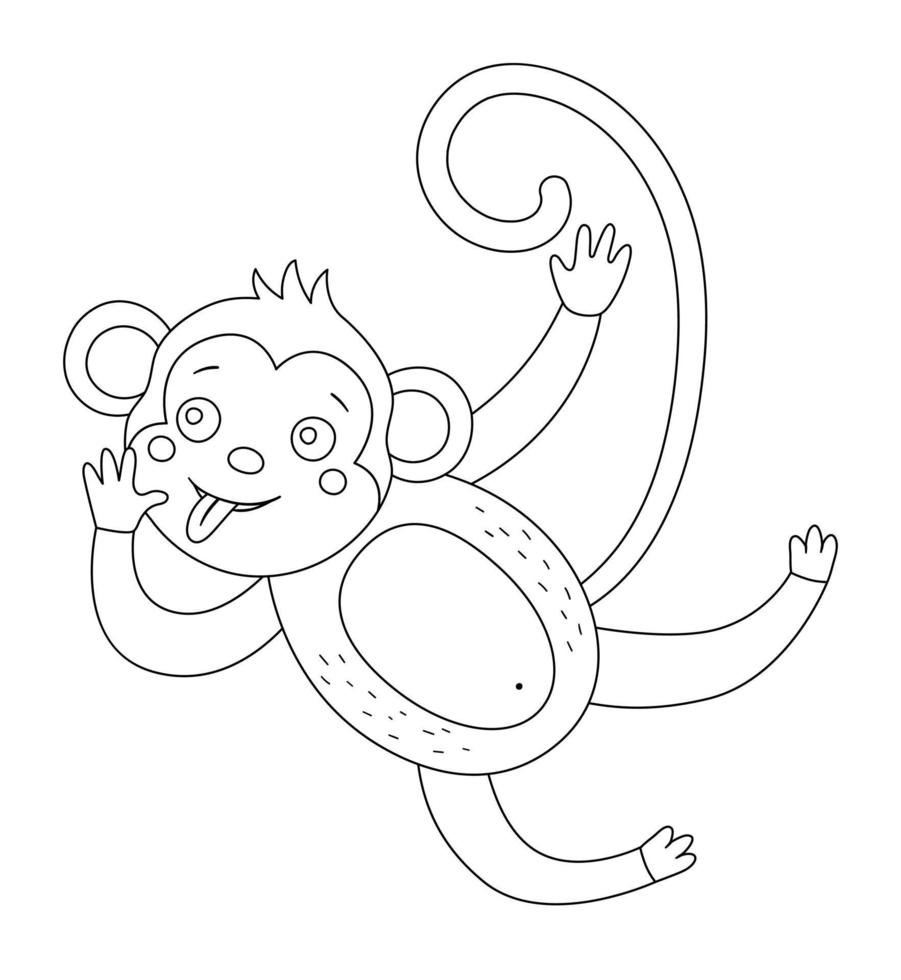 vector schattige aap met uitgestoken tong omtrek. grappige tropische exotische dieren zwart-wit afbeelding. leuke kleurplaat voor kinderen. jungle zomer illustraties