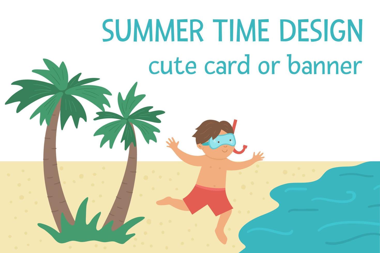 vector jongen loopt naar de zee. platte tropische strandillustratie met grappig kind, water, palmbomen. leuk zomerconcept voor kinderen. grappige kaart of banner ontwerpsjabloon