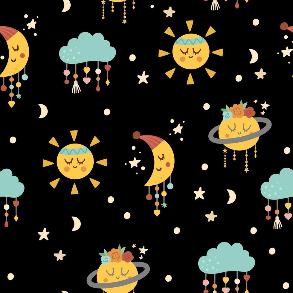 vector boho sieraad. Boheemse naadloze patroon met sterren, kawaii zon, wassende maan en wolken. wilde en gratis herhalende achtergrond. welterusten of etnisch stammen digitaal papier