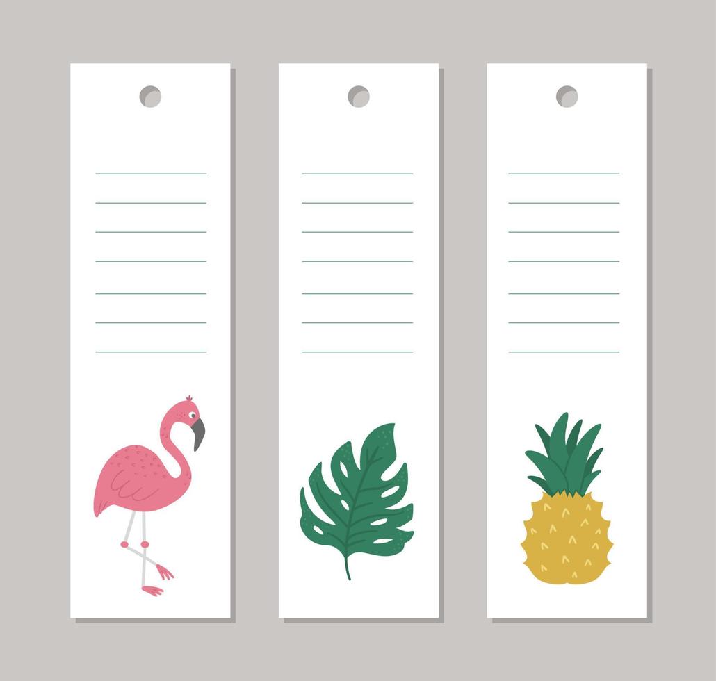 set vector zomer verticale lay-out kaartsjablonen met tropische dieren, planten, bloemen, fruit. grappige exotische vooraf gemaakte bladwijzerontwerpen met schattige jungle-personages en -patroon.