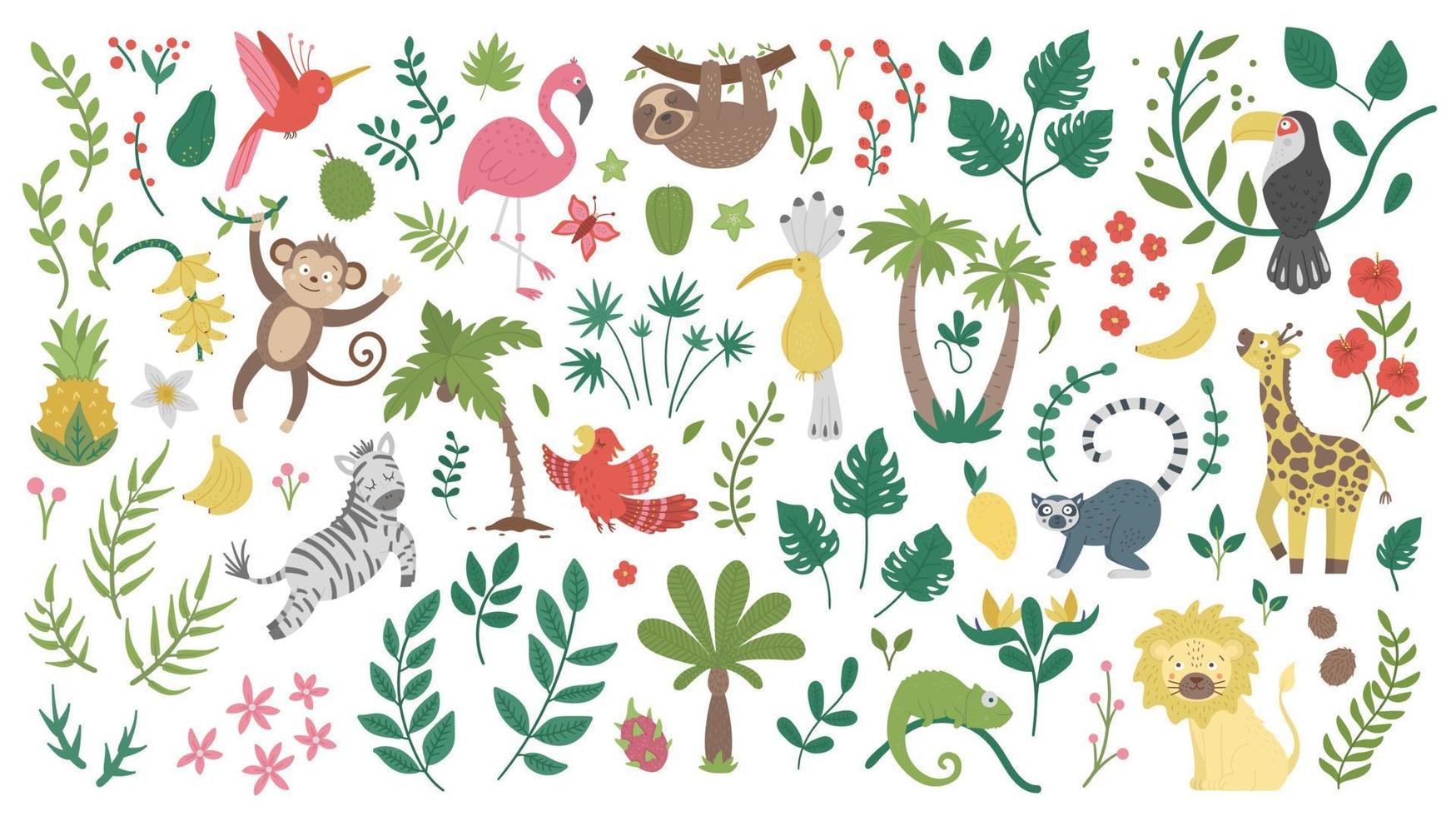 vector set met schattige exotische dieren, bladeren, bloemen, fruit geïsoleerd op een witte achtergrond. grappige tropische vogels en planten illustratie. heldere platte foto voor kinderen. jungle zomer illustraties