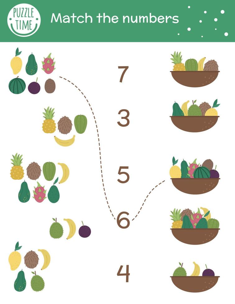 matching game met manden en exotisch fruit. tropische wiskundige activiteit voor kleuters. tropen tellen werkblad. educatief raadsel met leuke grappige elementen. eenvoudig zomerspel voor kinderen vector