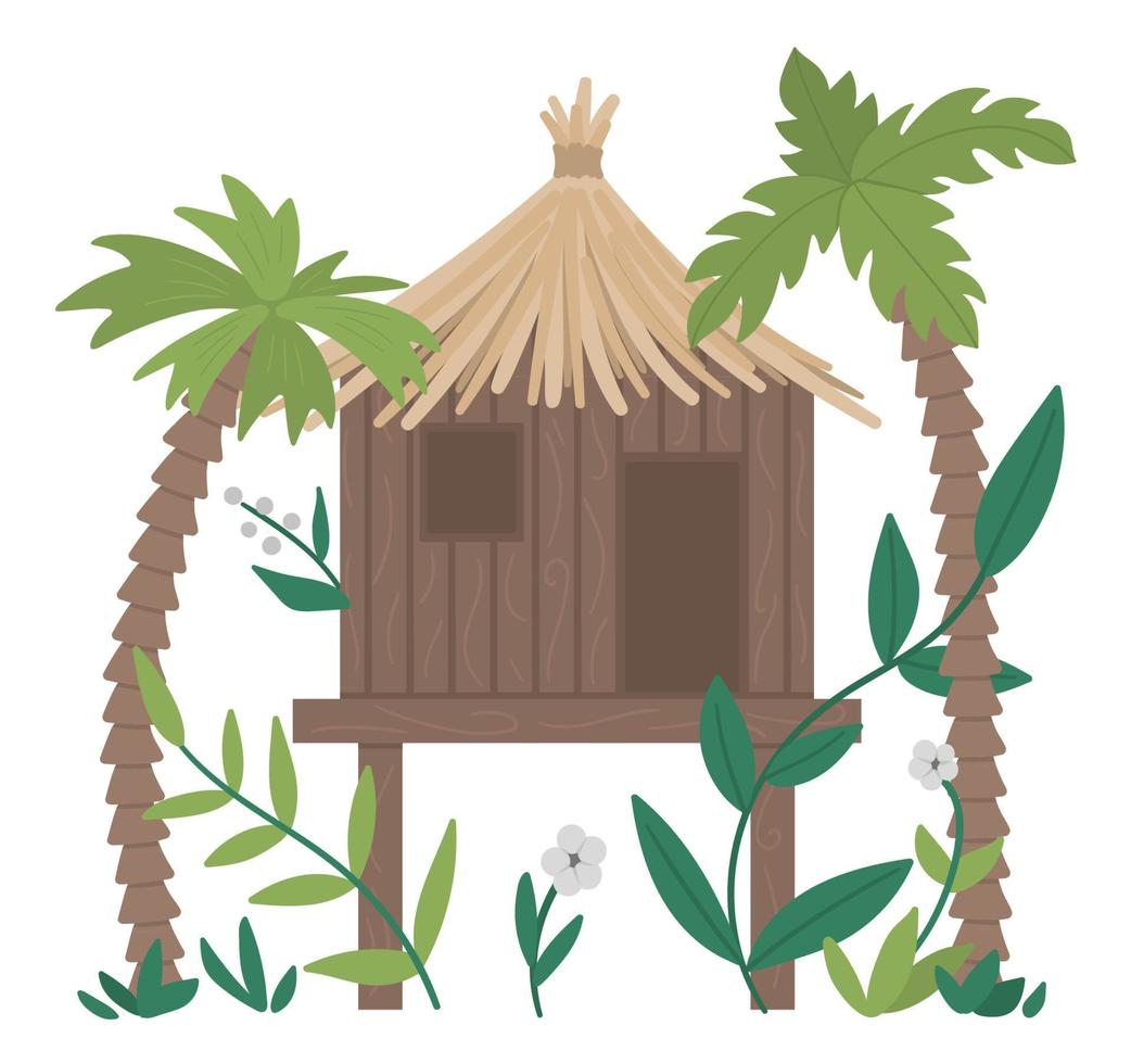 vectorillustratie van jungle giller met palmbomen en bladeren geïsoleerd op een witte achtergrond. tropische bungalow op steltenbeeld. leuk grappig exotisch huis in regenwoud. vector