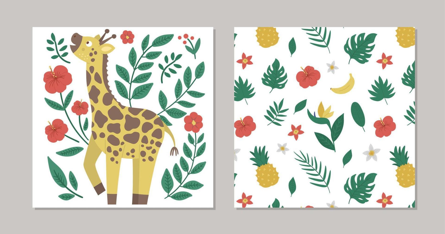 set van vector zomer pre-en-klare ontwerpen met tropische dieren, planten en bloemen. grappige exotische vierkante cadeaukaartsjablonen met schattige junglekarakters. giraf met bladeren en hibiscusbloemen