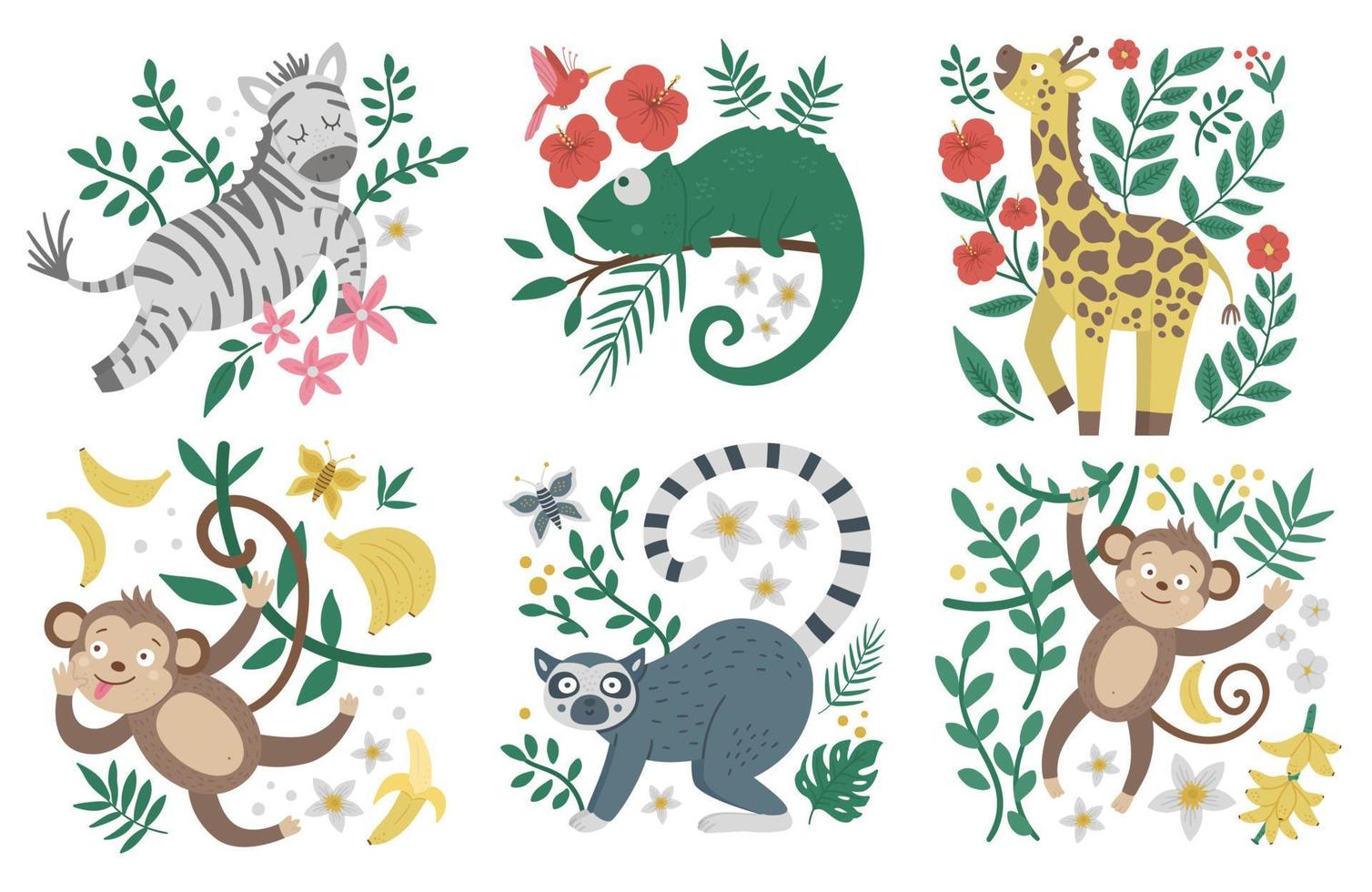 vector schattige composities met exotische dieren, bladeren, bloemen, fruit. grappige tropische aap, zebra, maki en planten illustratie voor kaarten, prenten of posterontwerp. heldere zomerfoto voor kinderen.