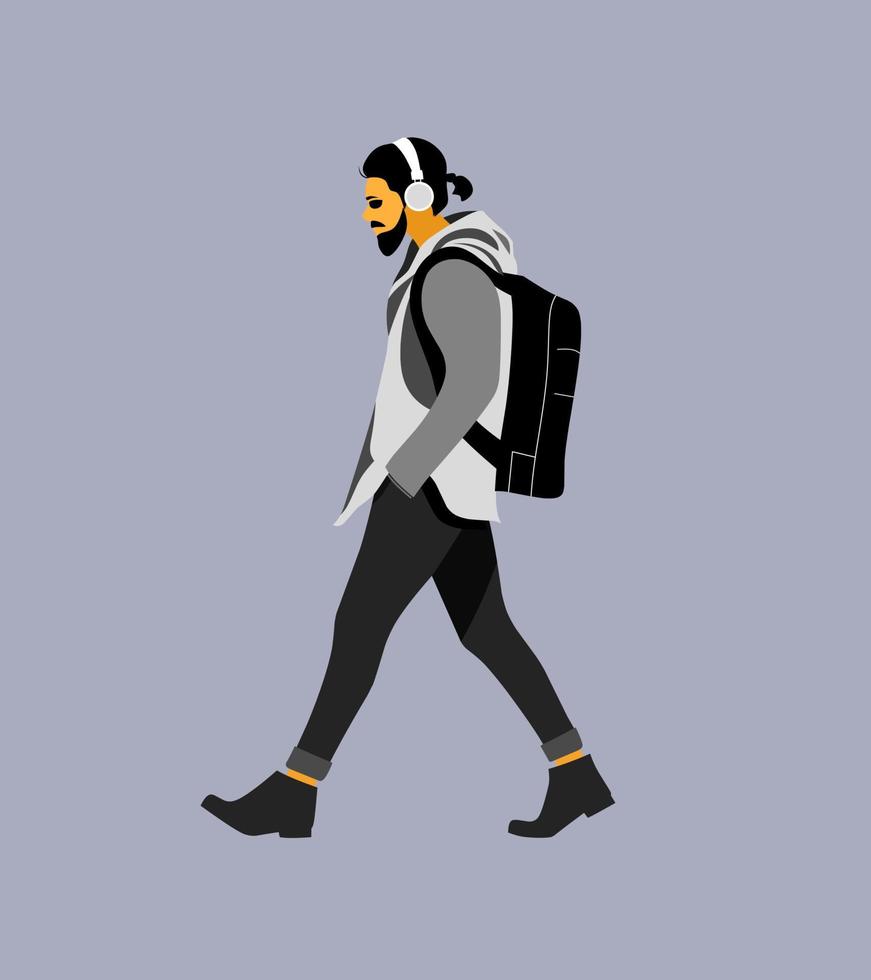platte ontwerpvector van een man die loopt terwijl hij naar muziek luistert vector