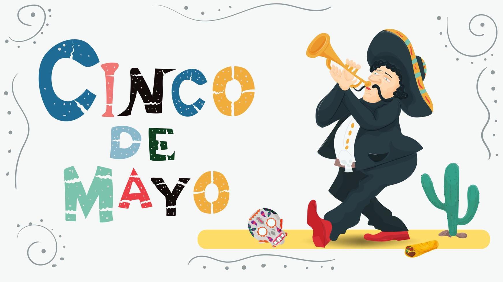 platte vectorillustratie voor een ontwerp op het thema van de Mexicaanse vakantie cinco de mayo een man in een pak speelt een trompet naast een gekleurde inscriptie naam vector