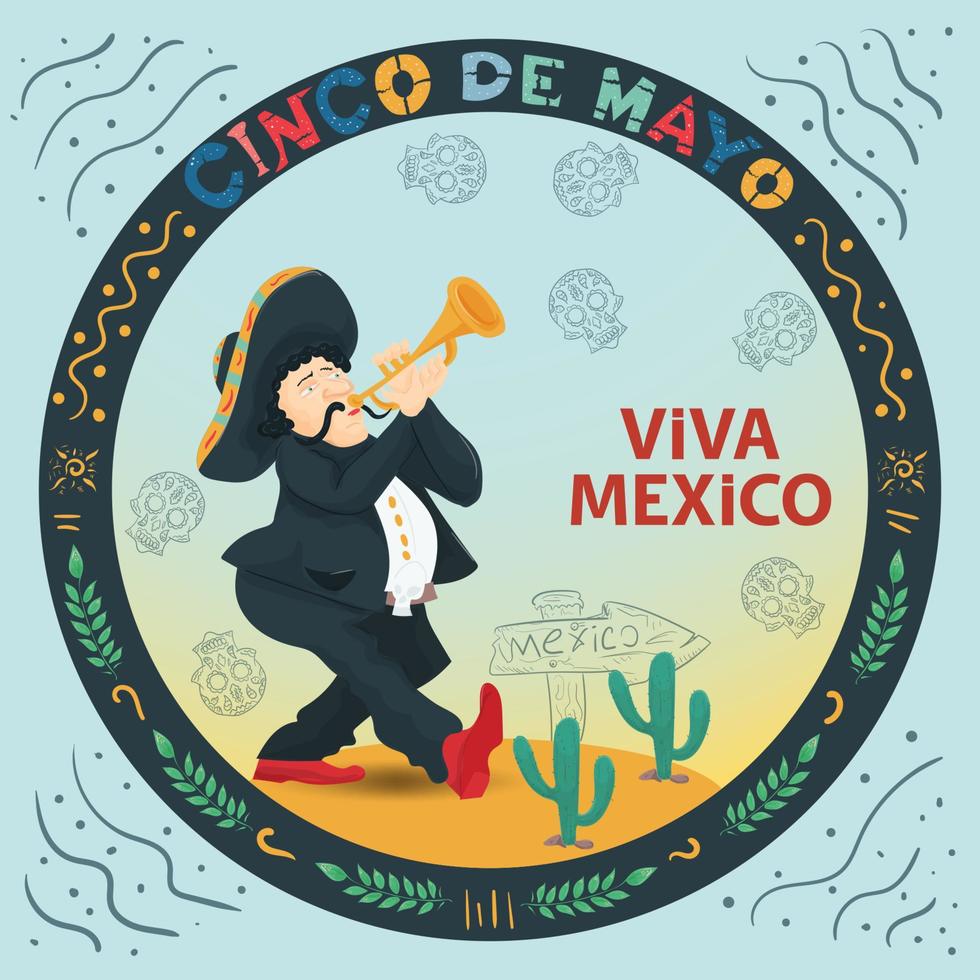 vector platte illustratie cartoon voor ontwerp op het thema van de Mexicaanse vakantie cinco de mayo in een cirkelvormige ornament een man speelt de trompet