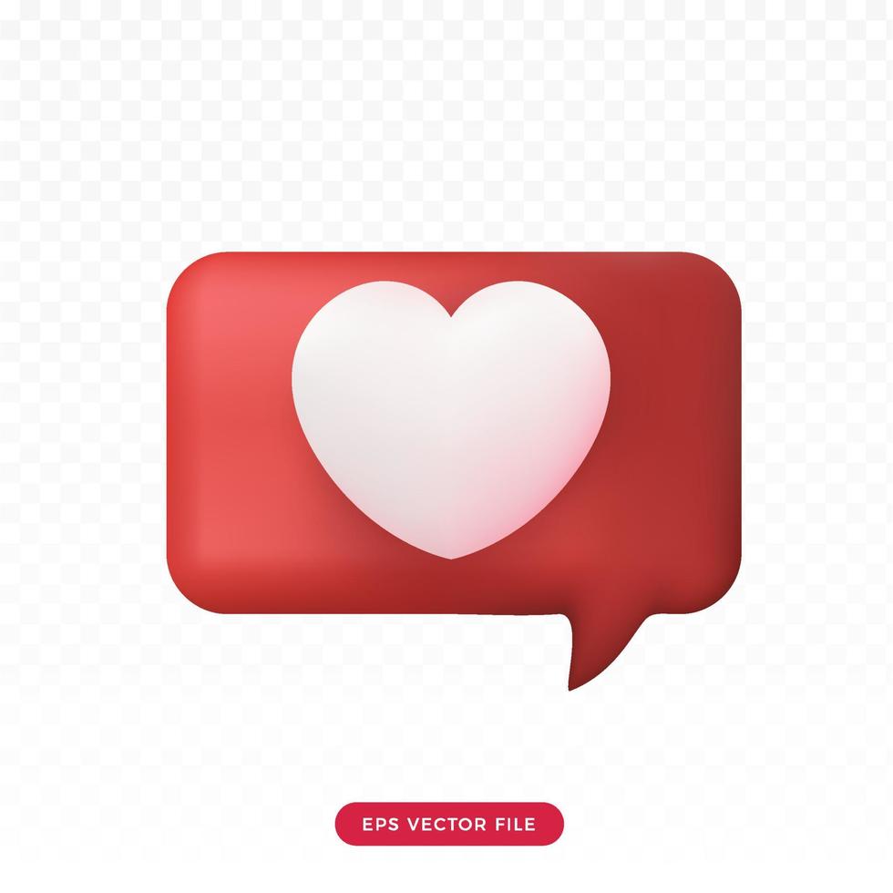 3D rood hart liefde bubble chat. 3D-cartoon render-stijl. mesh vector