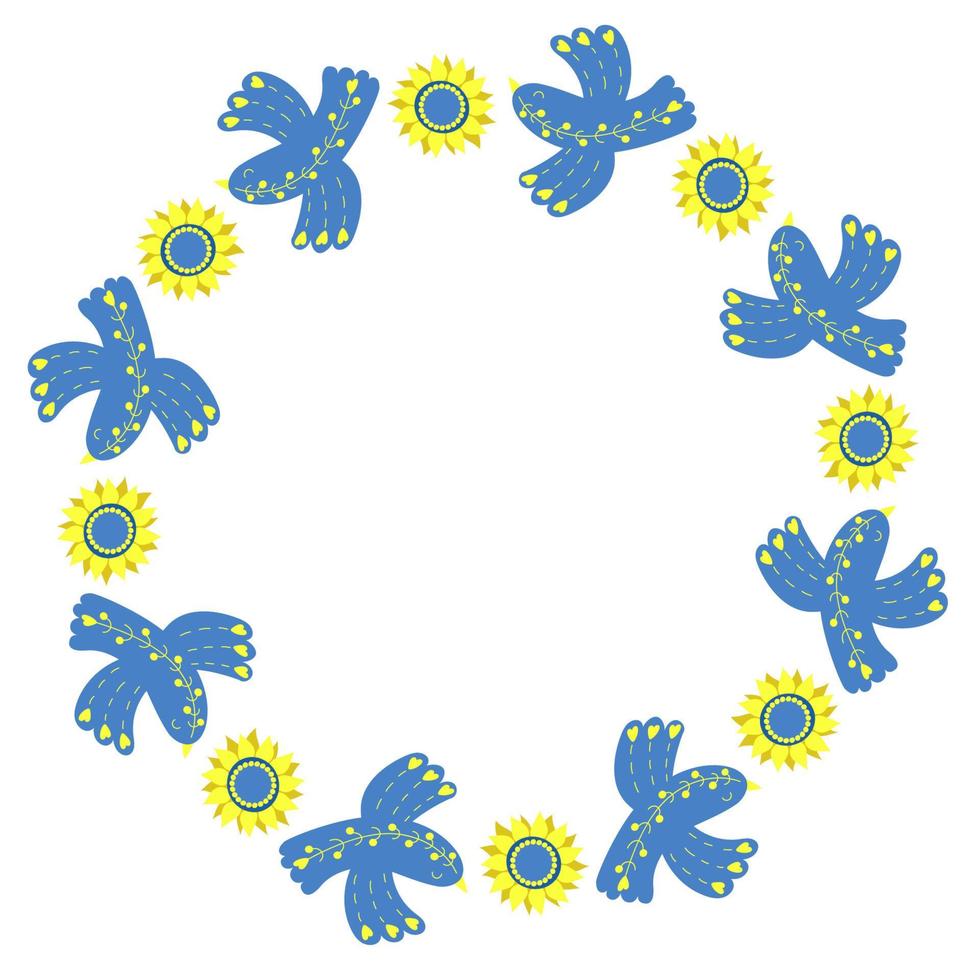 rond frame met decoratieve blauwe vogels en gele bloemen zonnebloem. servet in gele en blauwe tinten, kleuren van de Oekraïense vlag. vectorillustratie. bloemmotief voor decor, design, print en servetten vector