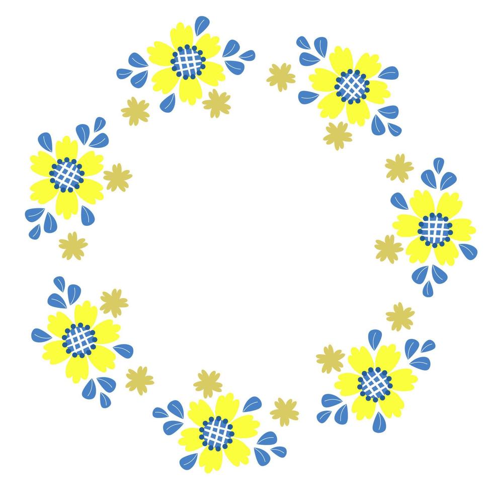 rond frame met bloeiende gele bloemen kamille. ansichtkaart servet in gele en blauwe tinten, kleuren van de Oekraïense vlag. vectorillustratie. bloemmotief voor decor, design, print en servetten vector