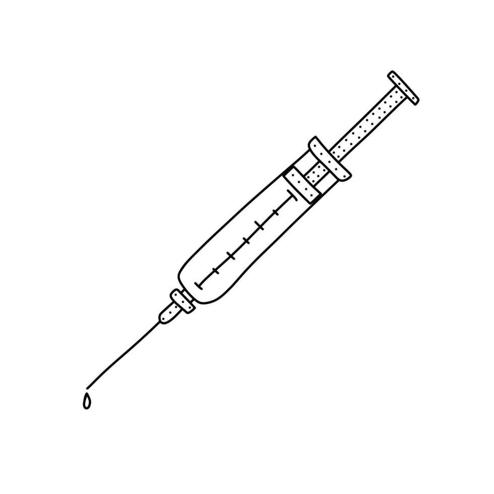 hand getekende vectorillustratie van spuit met drop in doodle stijl. leuke illustratie van een muzikale uitrusting op een witte achtergrond. vector