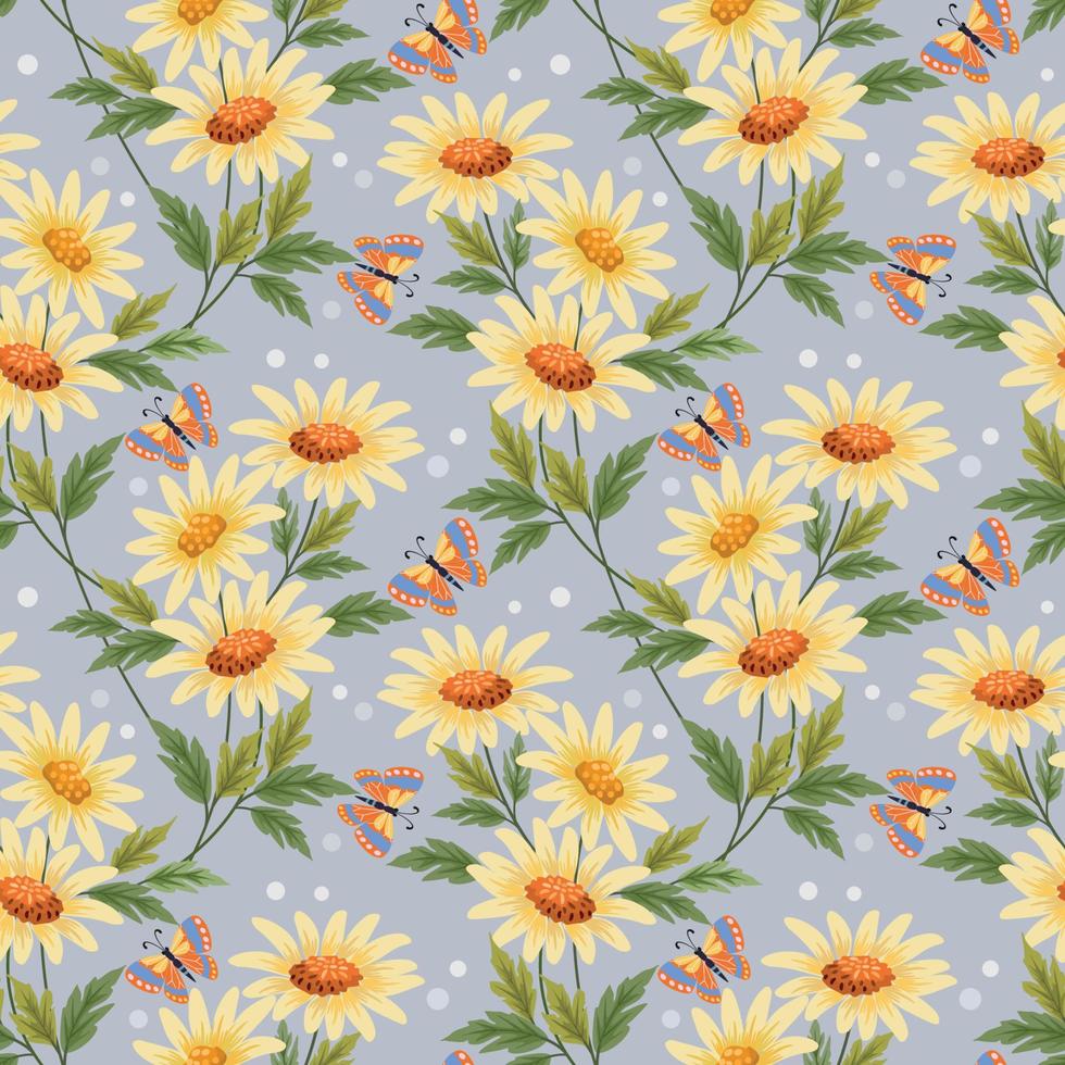 gele bloemen en vlinder naadloos patroon. vector