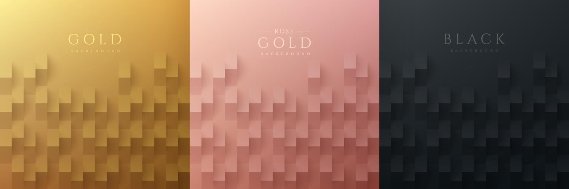 set van abstracte gouden, rose goud en zwart 3d papier knippen ontwerp patroon achtergrond met kopie ruimte. luxe en elegant concept. kan gebruiken voor omslag, artwork, printadvertentie, poster. eenvoudige en minimale stijl. vector