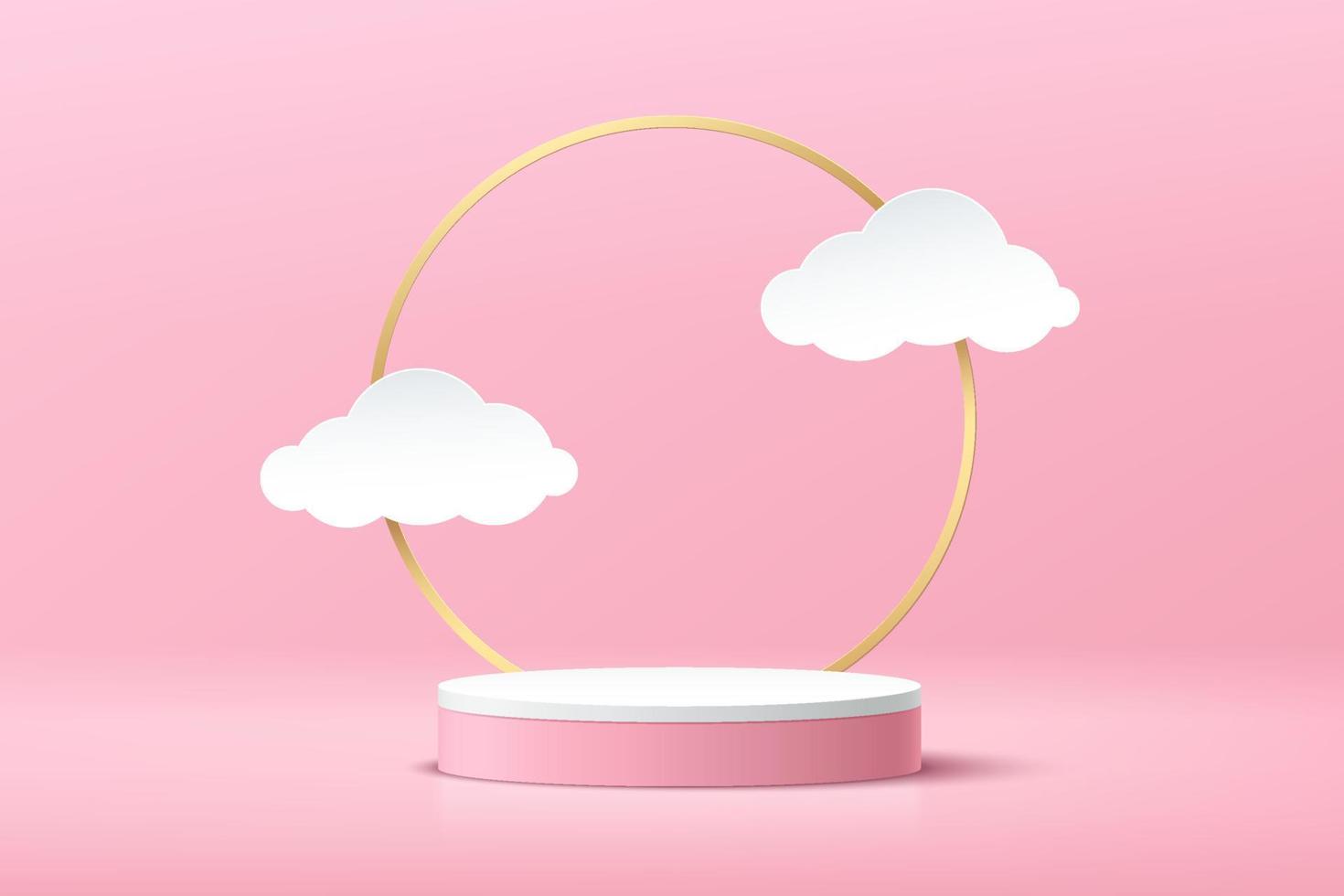 witte cilinder sokkel podium. zoete roze minimale muurscène met gouden ring en wolkvorm papier gesneden stijl. vector rendering 3D-vorm, product display presentatie. abstract kamerontwerp.