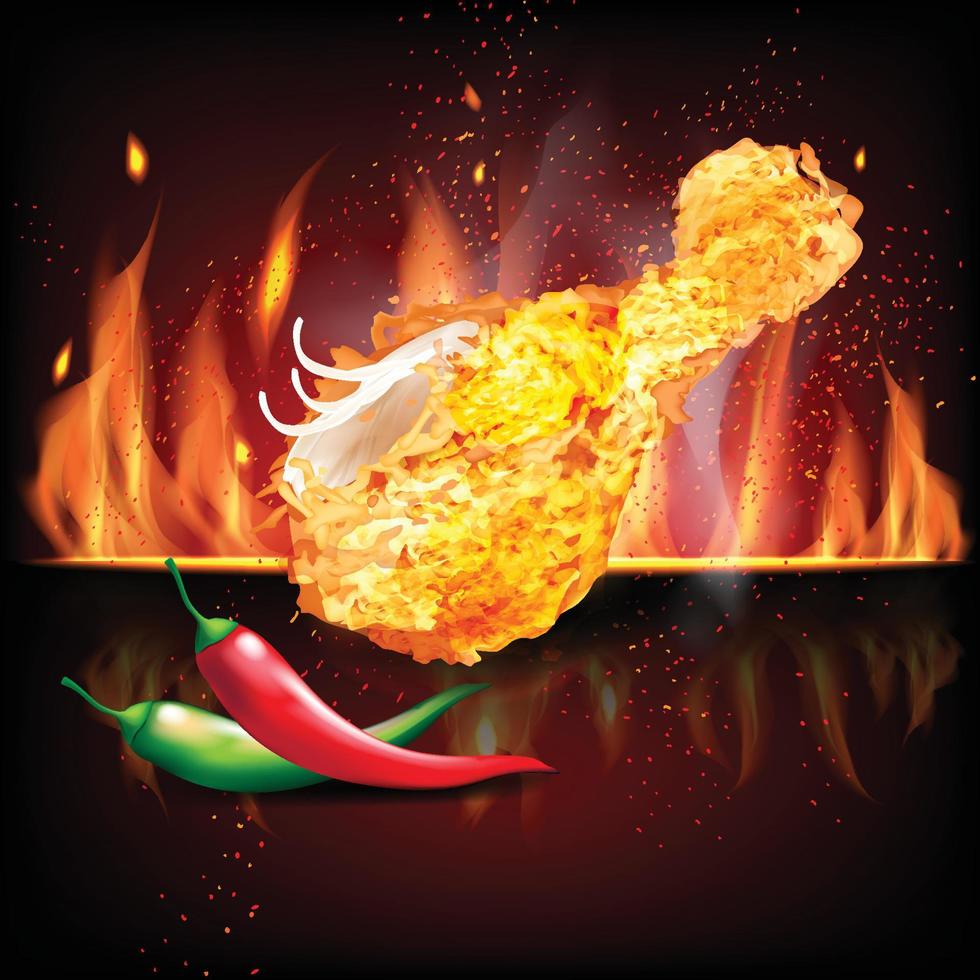 kippendelen gebakken met rood en groen kil op rood zwart vuur 3D-realistische vectorillustratie vector