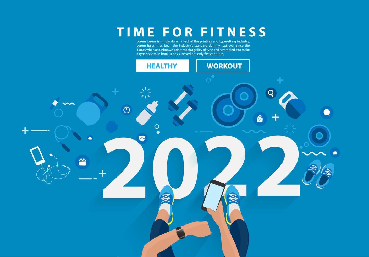 gelukkig nieuwjaar 2022 tijd voor fitness in de sportschool gezonde levensstijl ideeën conceptontwerp, vector illustratie moderne lay-outsjabloon