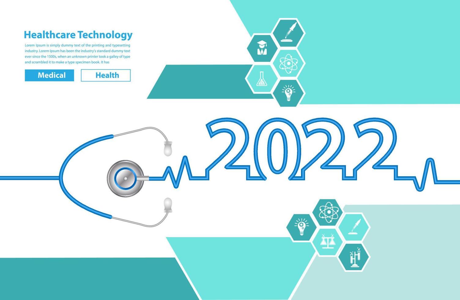 creatief ontwerp stethoscoop 2022 nieuwjaar, en medische plat pictogrammen in geneeskunde technologie concept, vector illustratie moderne lay-out sjabloon