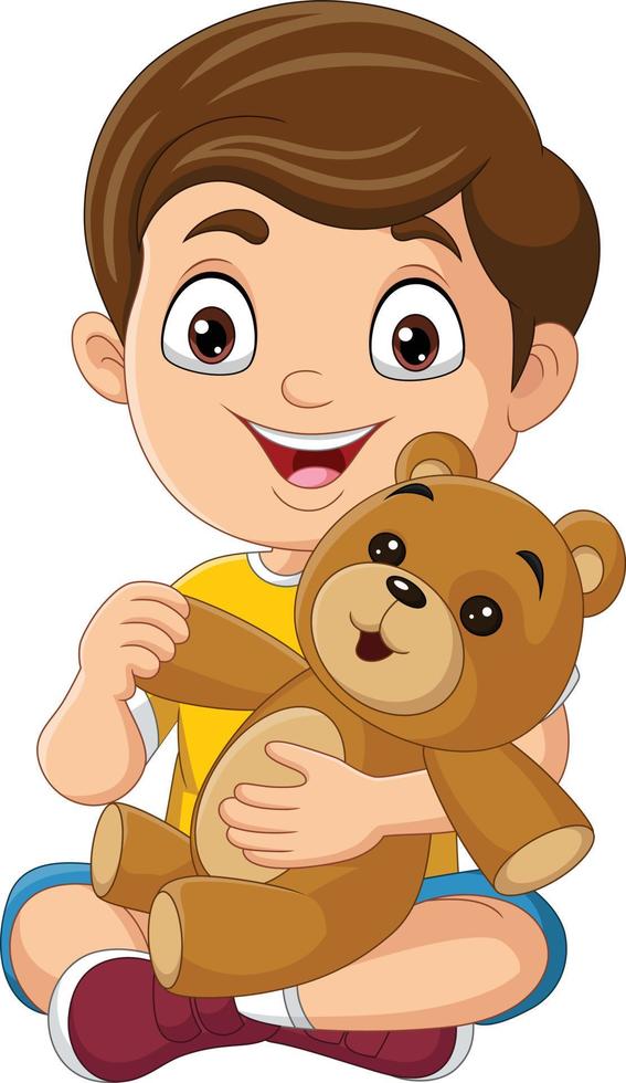 tekenfilm kleine jongen die teddybeer speelt vector