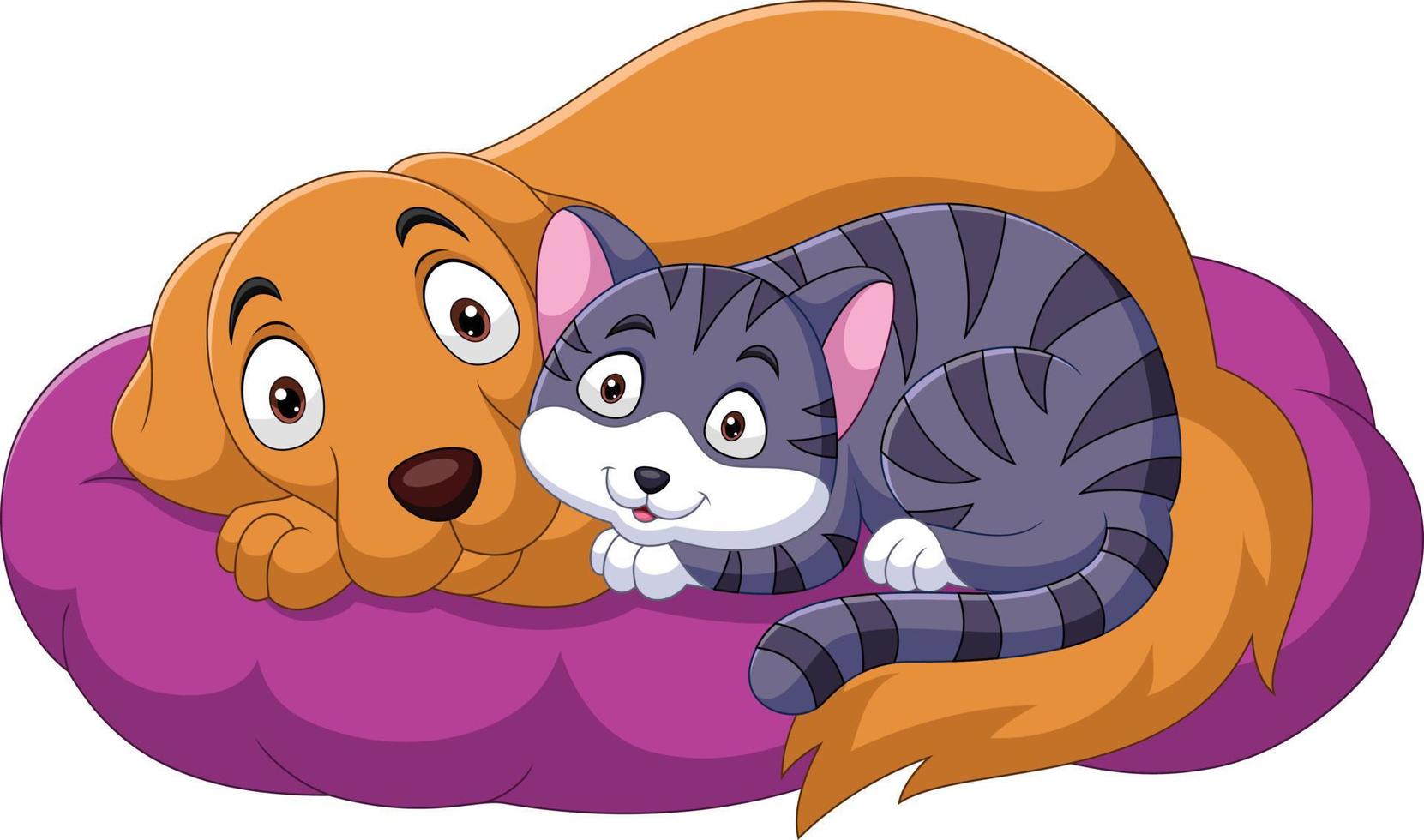 cartoon kat en hond ontspannen op kussen vector