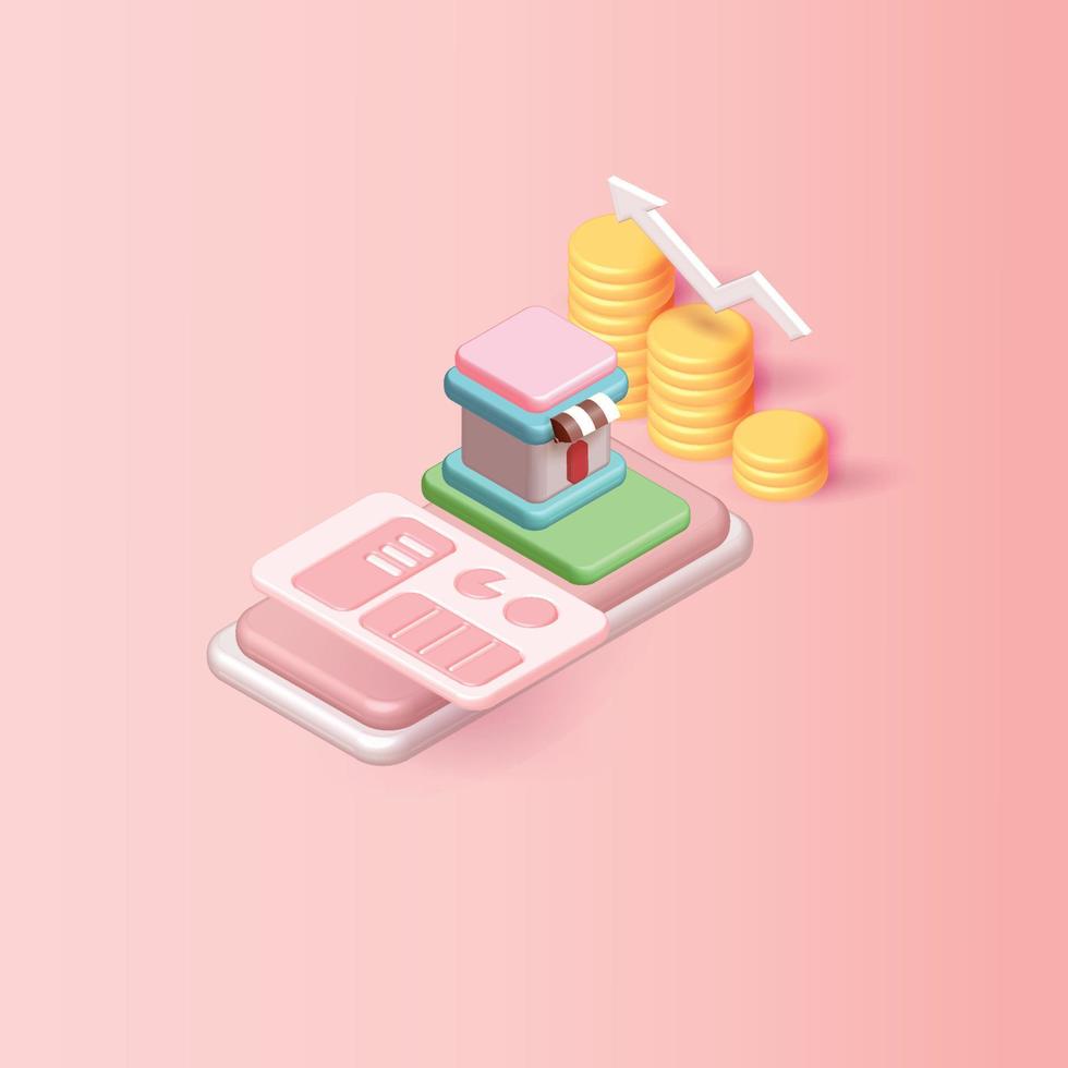 winkel en muntgroei pijl telefoon roze marketing vector