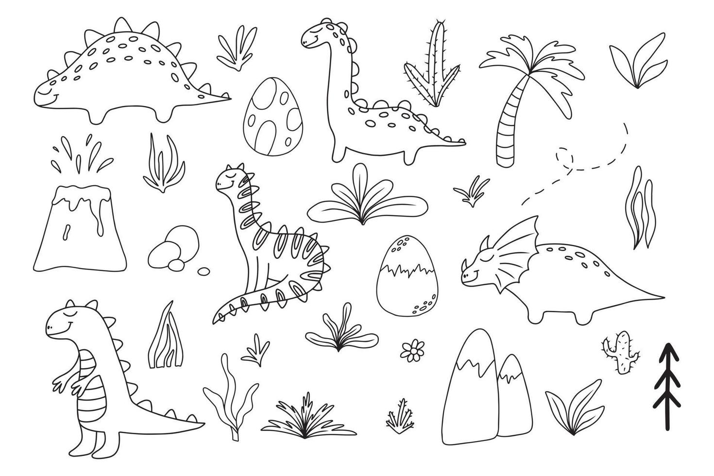 set van schattige dinosaurussen. handgetekende set dinosaurussen, vulkanen, planten, eieren. baby dino set.vector afbeelding. geschikt voor prints, posters en meer. doodle stijl. vector