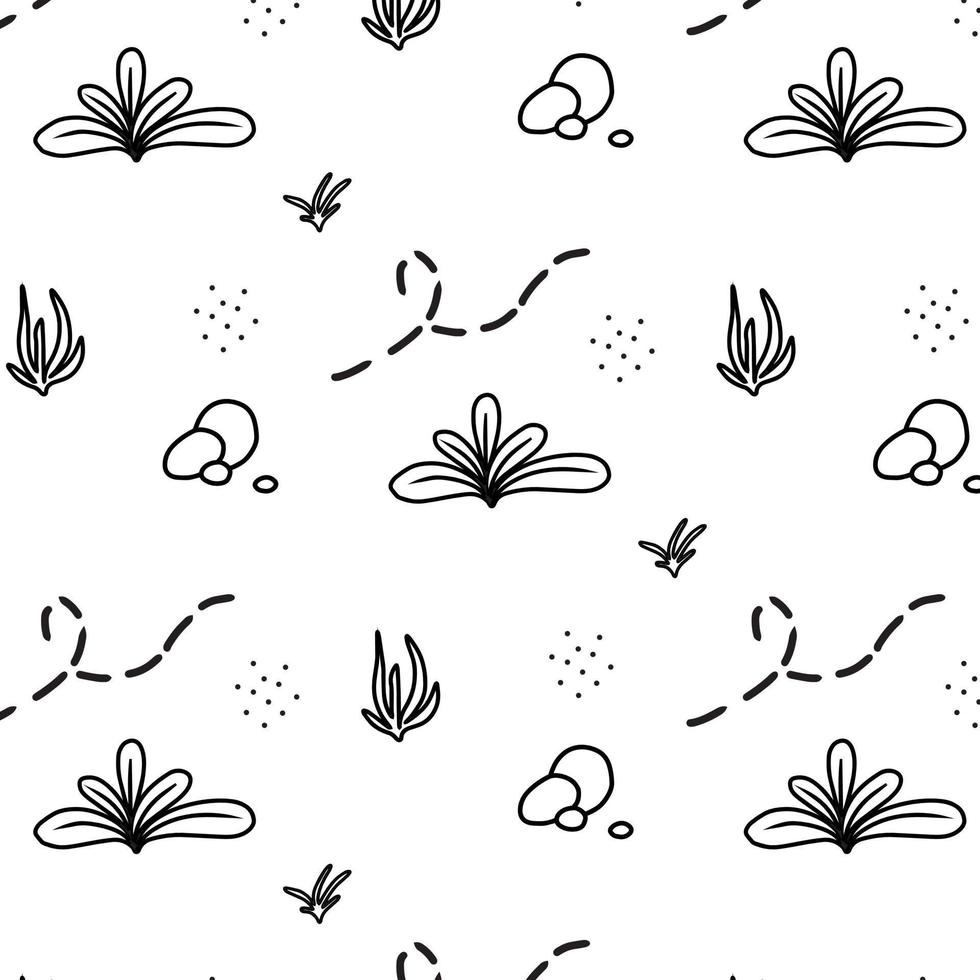 kinderachtig patroon met planten en stenen. abstracte patroon. doodle stijl. vectorillustratie. patroon met gras en struiken. vector