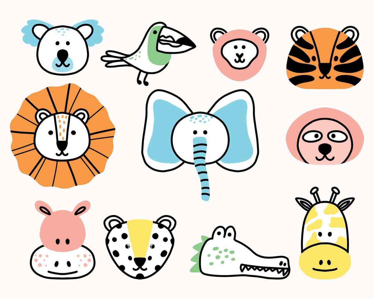 kinder set dieren in doodle stijl. vectorillustratie. jungle dieren instellen. vector