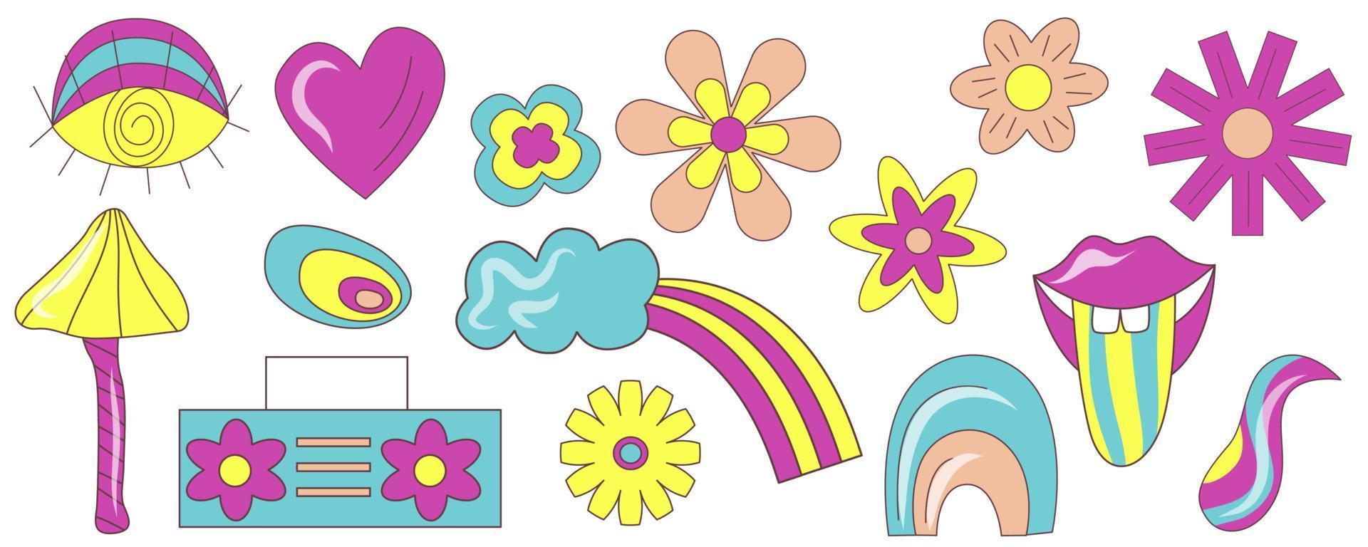 groovy retro psychedelische set met bloem, regenboog en muziek. retro gelukkig bloem vector kunst illustratie. vintage bloemen illustratie. vector set