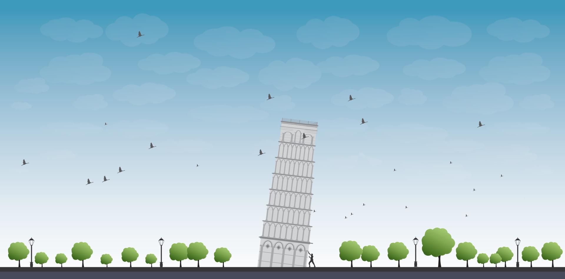 Pisa toren met blauwe lucht en toerist. vector