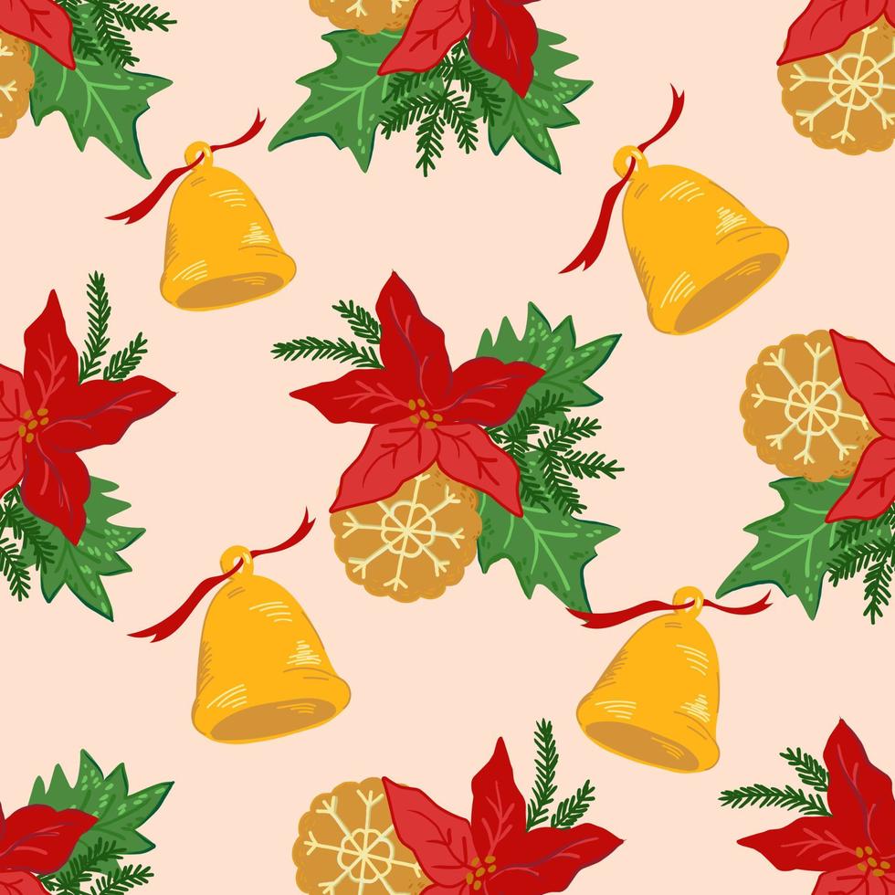 Kerst vakantie naadloze patroon met cookies en xmas bells, poinsettia bloem en groene bladeren, cartoon vectorillustratie. nieuwjaar wintervakantie eindeloze textuur voor verpakking en prints. vector