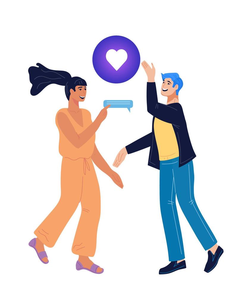 mensen die chatten op sociale media, virtuele relaties en online datingconcept. jong stel dat online communiceert, een bericht verzendt en leuk vindt in de mobiele app. platte vectorillustratie geïsoleerd. vector